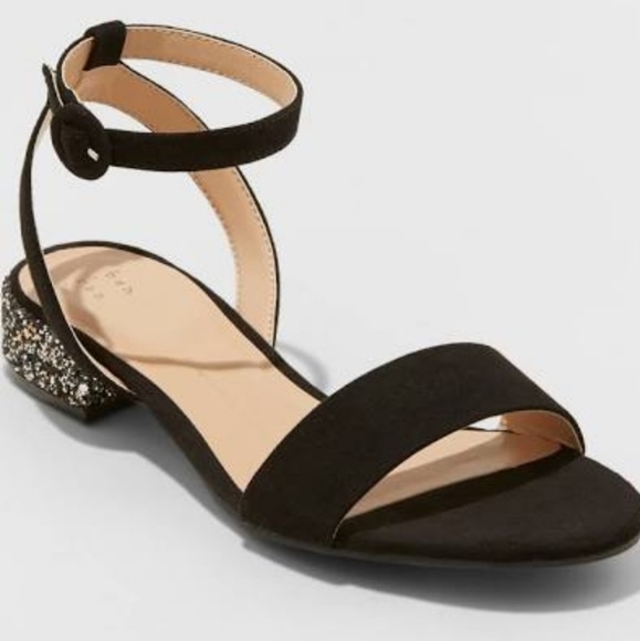 Shoes - NEW Glitter Sandals Ankle Strap Black Sz 9 Rose